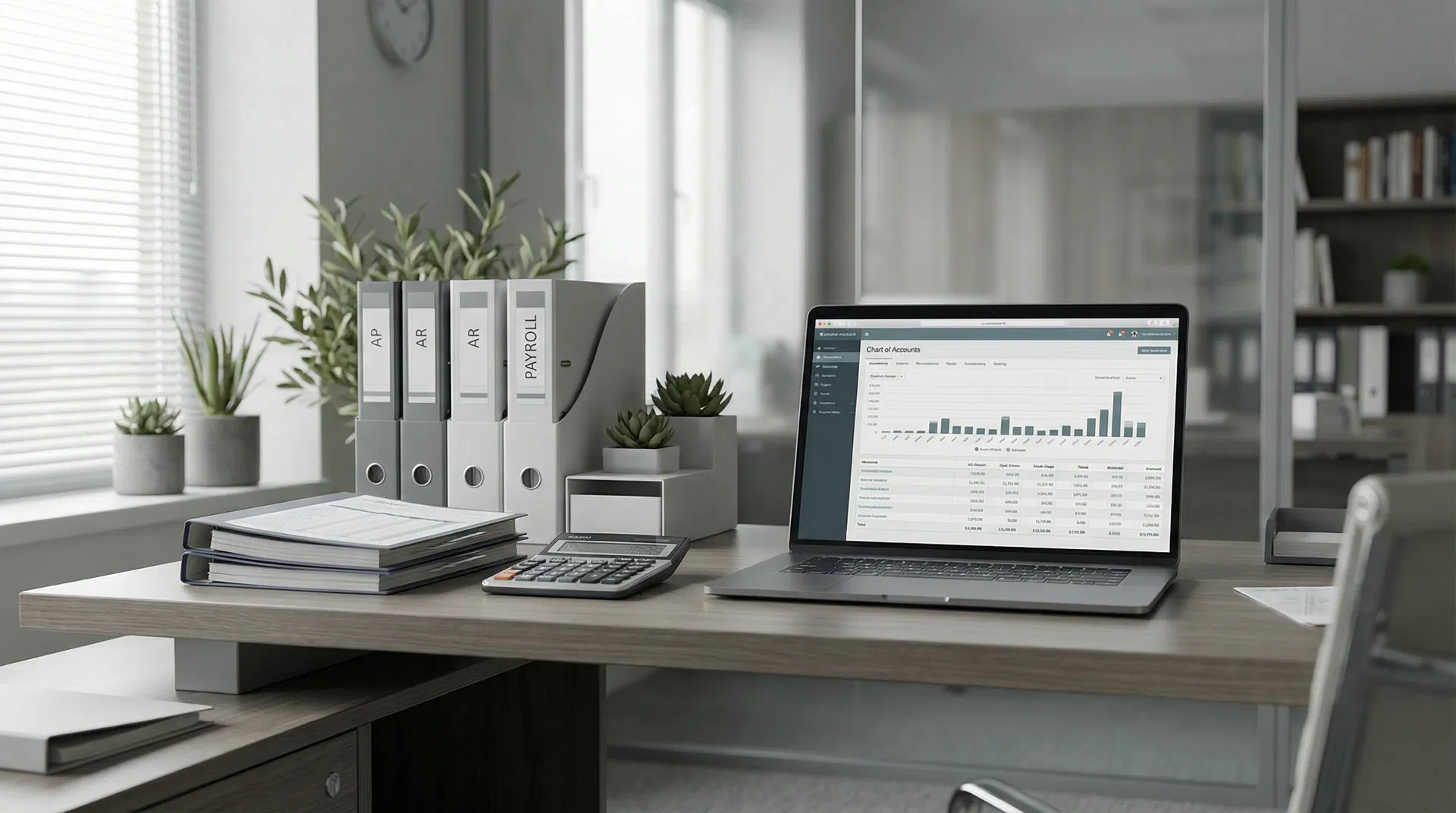 Foundation layer - organized financial workspace with documents and accounting systems