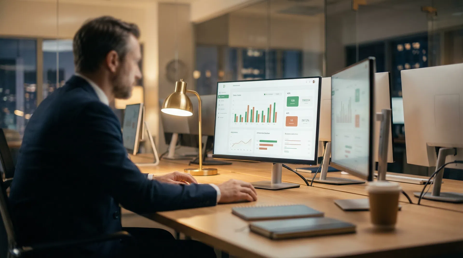 Managerial layer - executive reviewing financial dashboards and KPIs