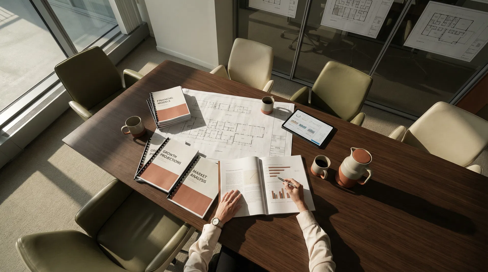 Strategic layer - boardroom with financial planning documents and growth projections