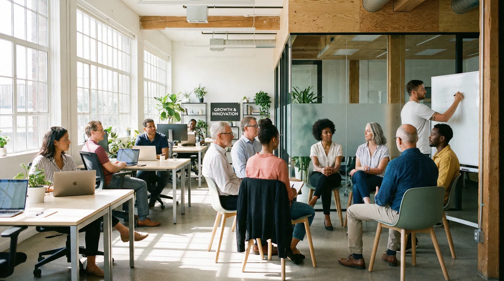 Growing team collaborating in modern office